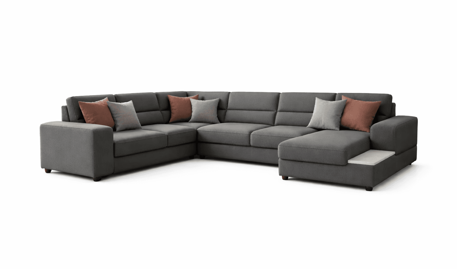 Modular sectional sofa with broad seating and layered accent cushions