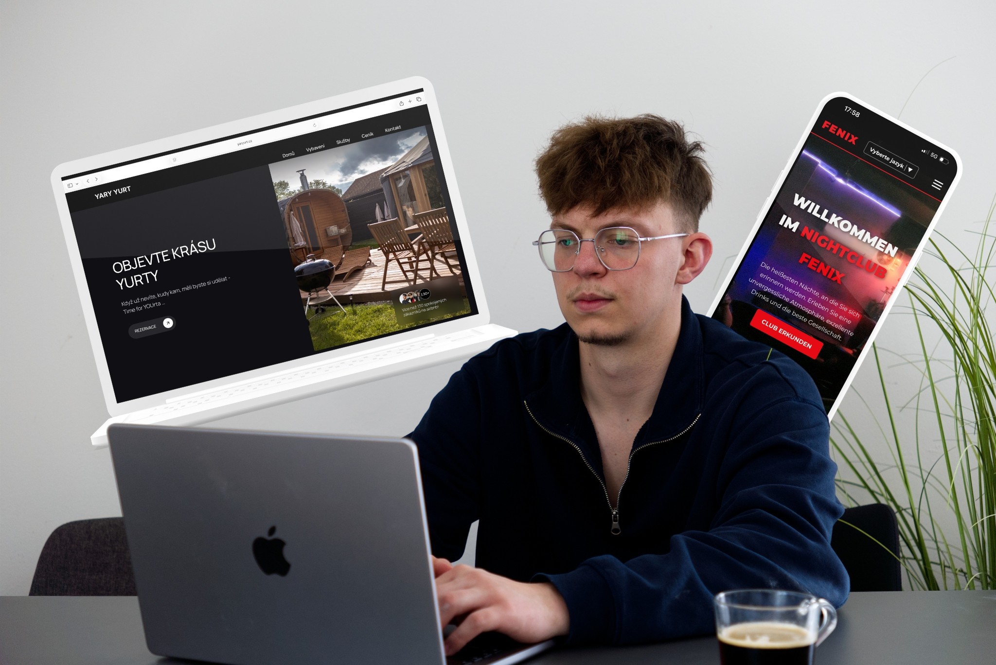 Designer's desk with architectural plans, color swatches and sketches