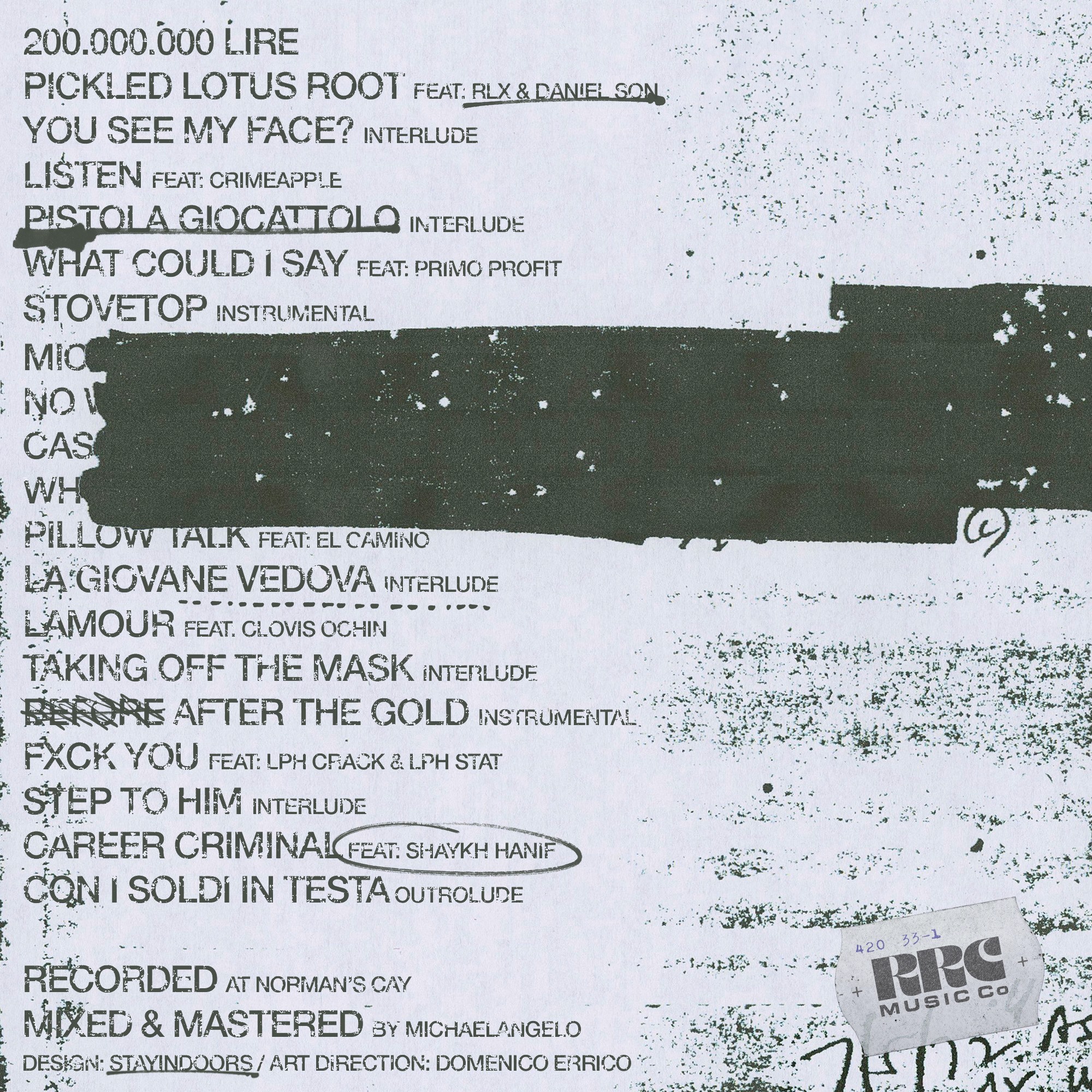back cover of "no face / no case" album by Michelngelo