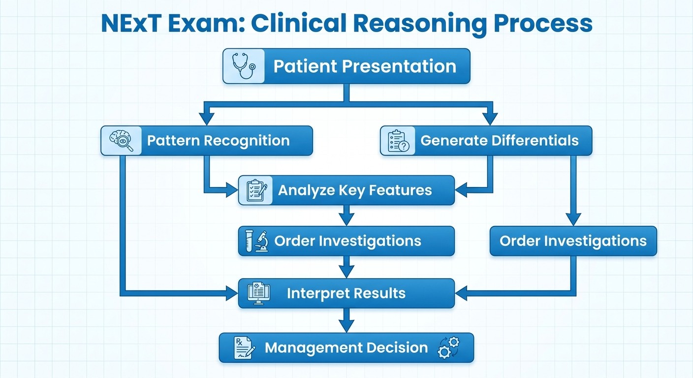Clinical reasoning flowchart for NExT exam case analysis