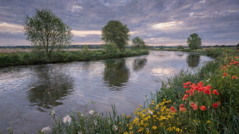 Sacred artwork by Faith and Verse. © Faith and Verse, 2025. All rights reserved. The Great Ouse river flowing through the flat fenland landscape near Ely, Cambridgeshire, with willow trees along the marshy banks and wildflowers in the foreground—the seventh-century waterlogged world where Æthelthryth founded her monastery on the Isle of Ely.