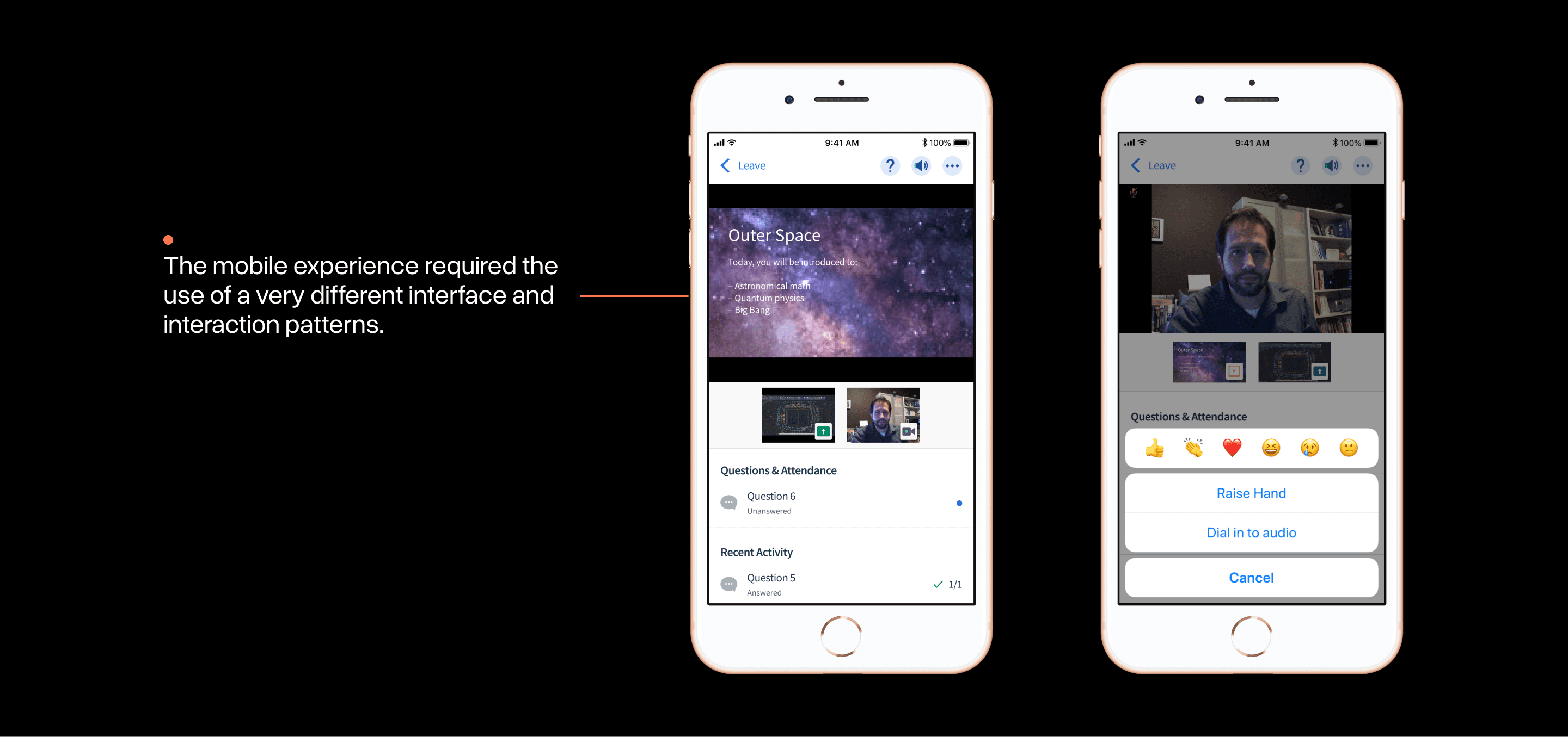 Two screenshots of the virtual classroom interface on mobile. It is notably different in style/presentation.