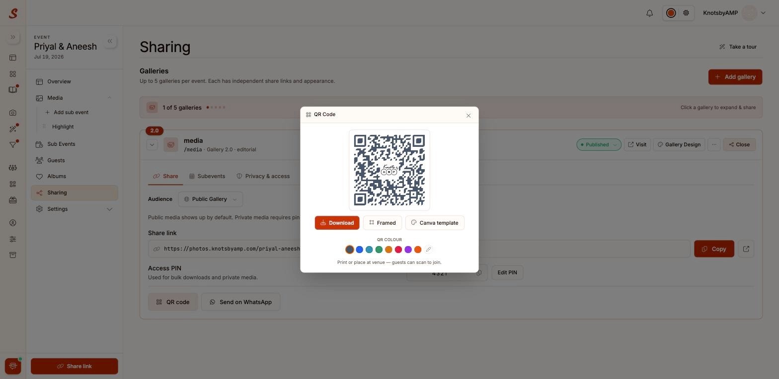 QR code modal in Samaro for sharing a photography gallery link, with download, framed, and Canva template options