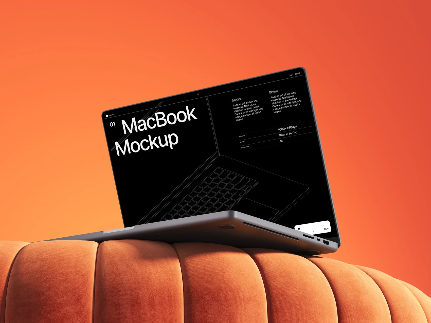 High-quality MacBook mockup displaying a technical dark UI design
