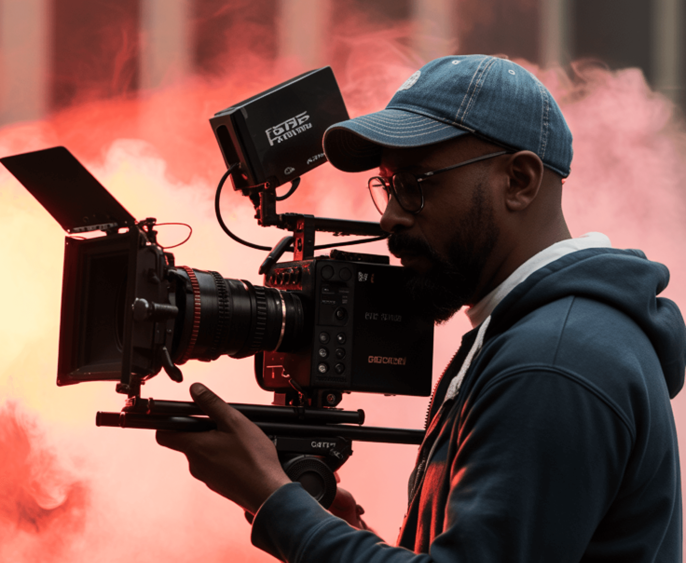 A professional camera set up for filming with focus on the lens, showcasing a creative video production environment.
