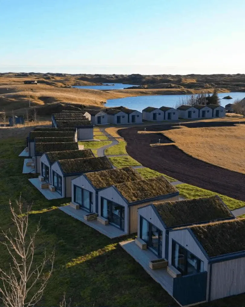 Aerial view of modern Nordic cabins