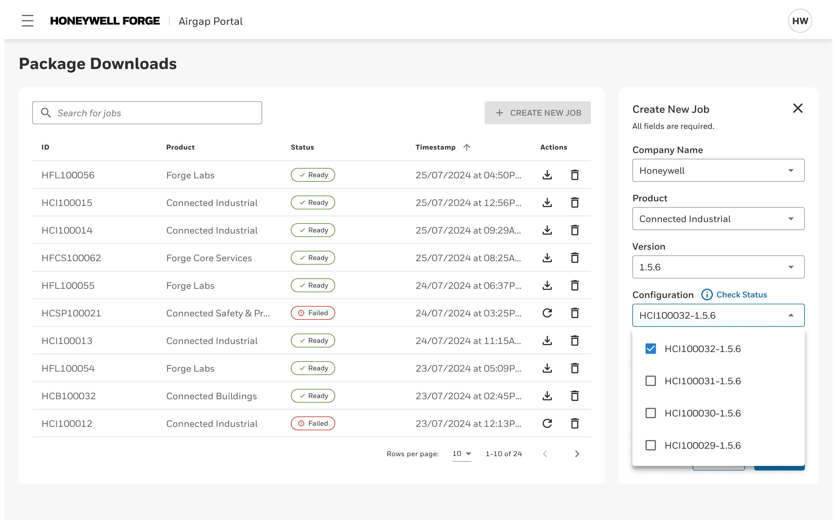 Create a new job form in the package downloads page