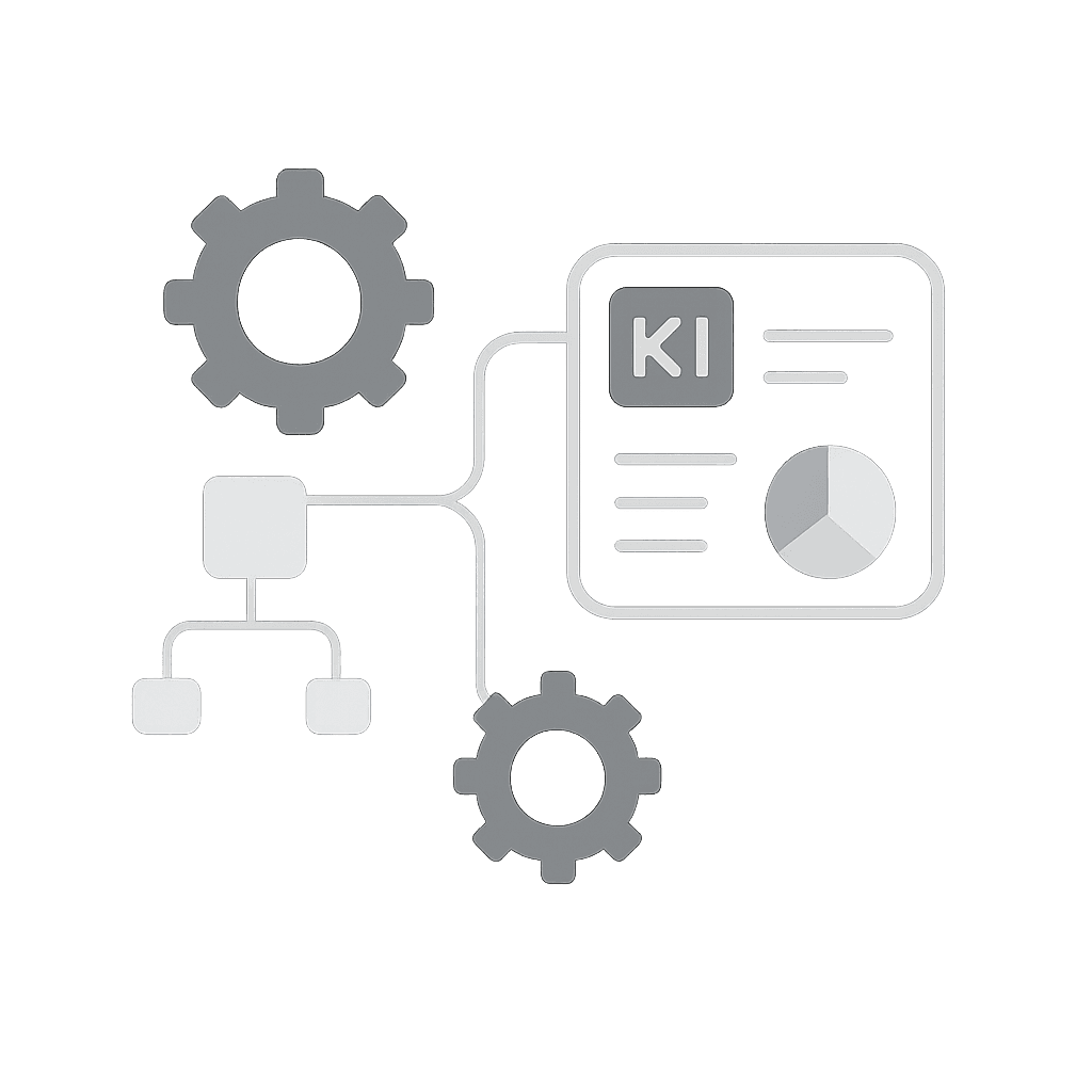 Grafik mit zwei Zahnrädern, einem Flussdiagramm und einem Bildschirm, auf dem "KI" steht. Verbindende Linien symbolisieren ein vernetztes KI-System.