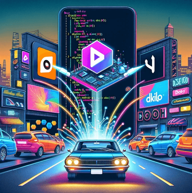 Smart DOOH advertising network visualizing AI-driven ads streamed to connected cars and urban digital screens.