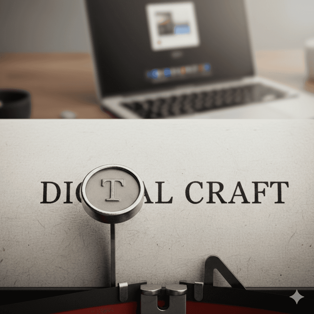 A macro close-up of a vintage typewriter key hitting a piece of high-quality textured paper, but the paper shows a modern website headline in bold serif font. A blend of old-school craft and modern digital marketing. Professional studio lighting, shallow depth of field, very sharp details.