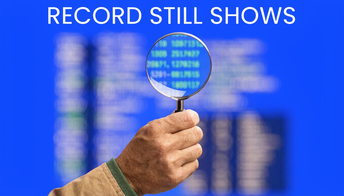 A hand holds a magnifying glass over digital records against a vibrant blue background with white text.