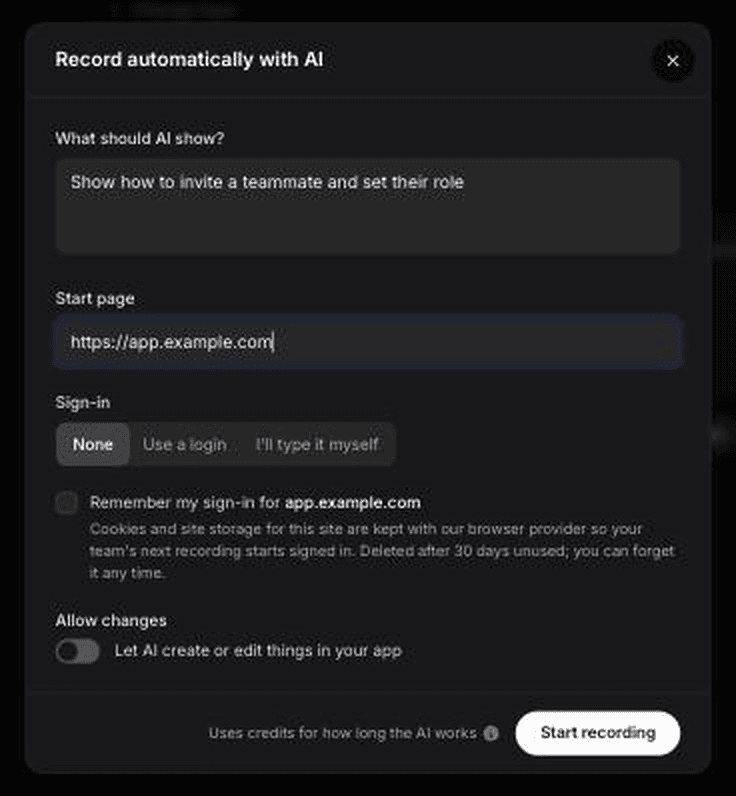 Clevera's Record automatically with AI form: what the AI should show, the start page, sign-in options and the Allow changes toggle