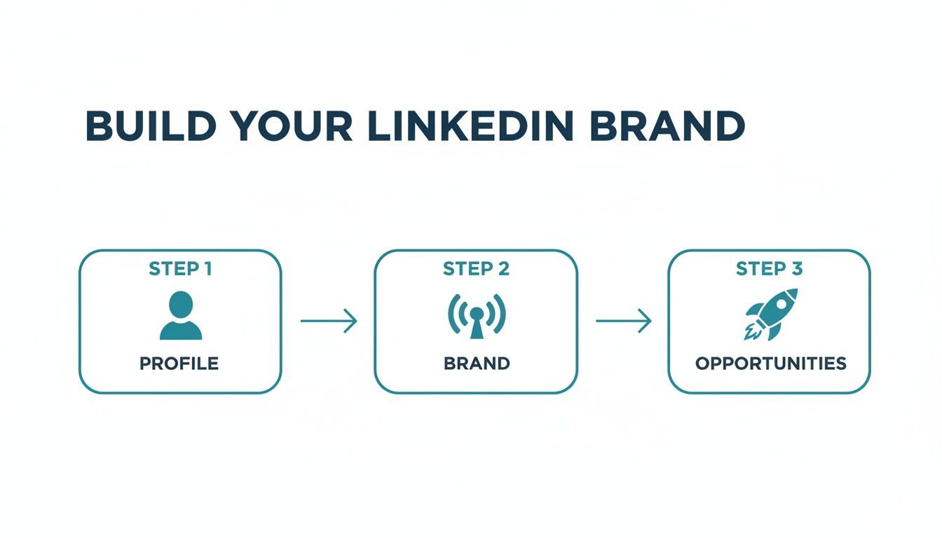A three-step infographic showing how to build your LinkedIn brand, from profile to opportunities.