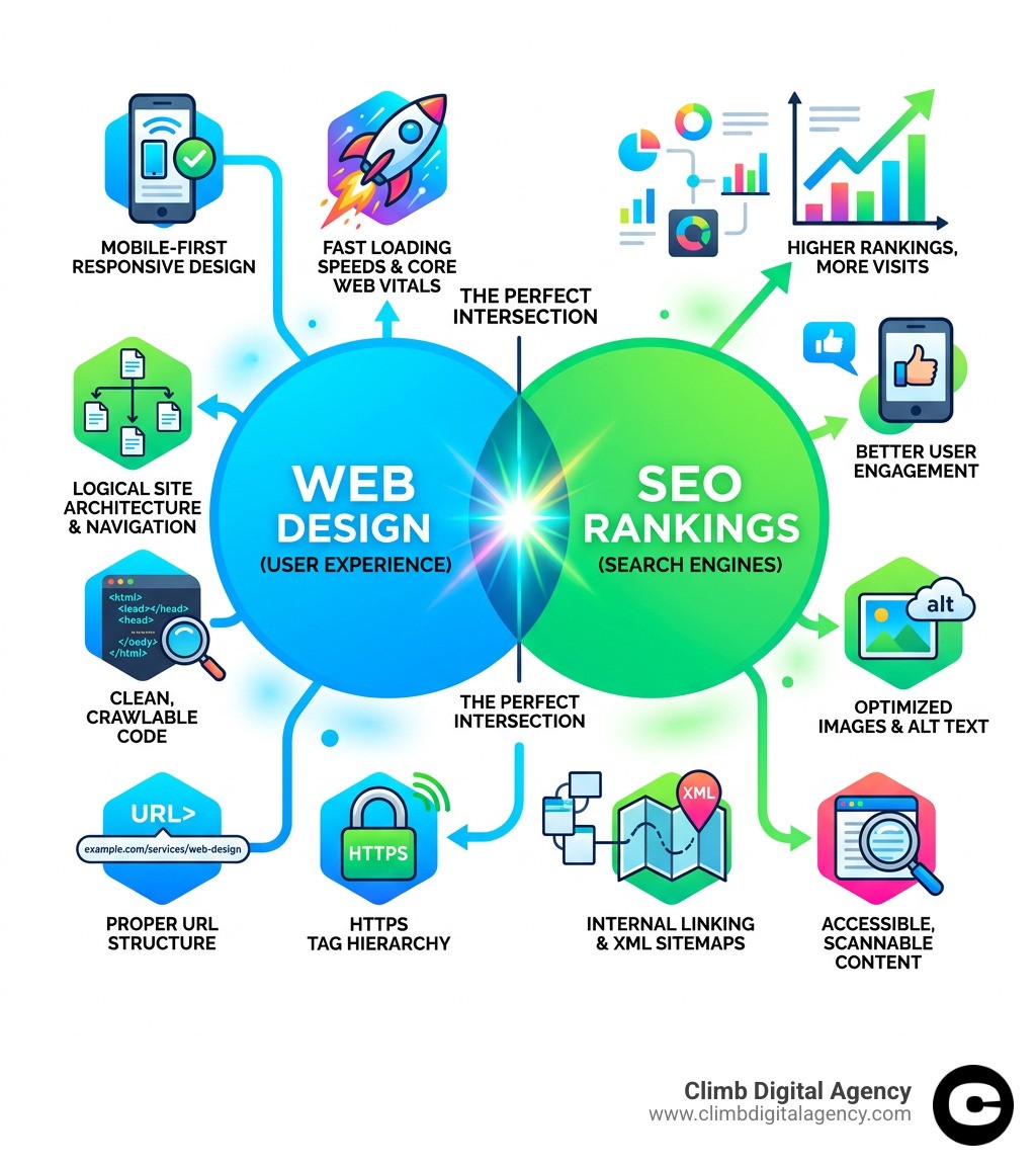 Infographic showing the intersection of web design and SEO rankings - SEO friendly website design infographic 