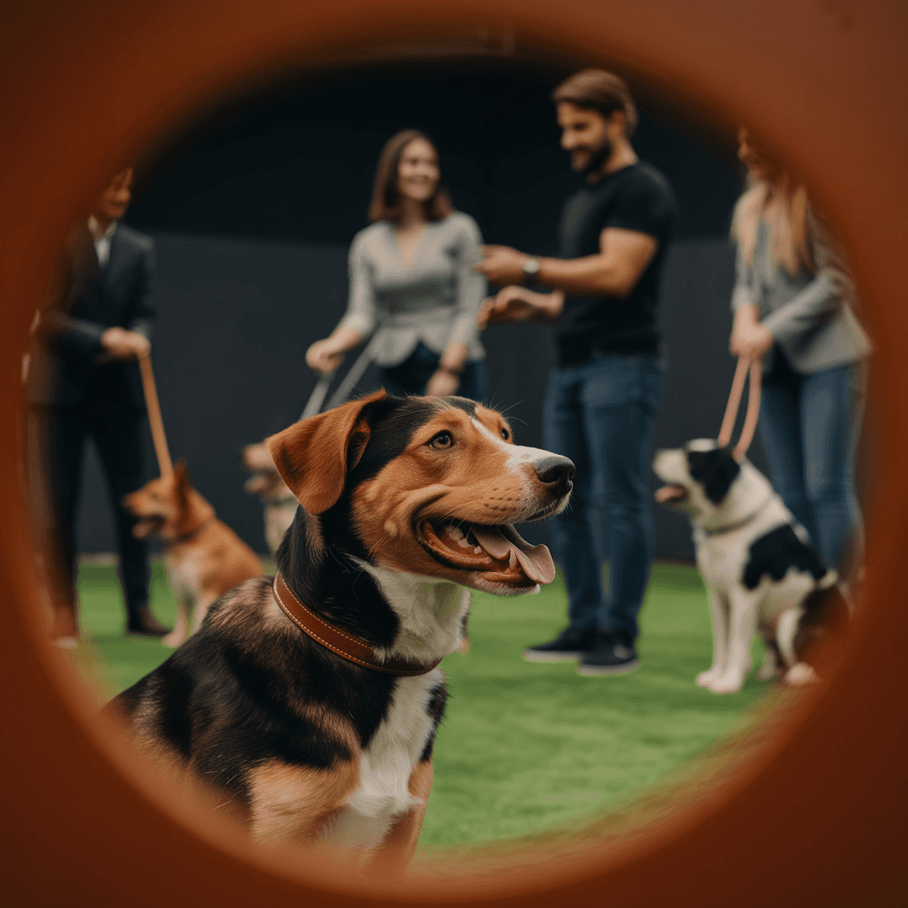 In the foreground is a happy, relaxed dog being trained, whilst the trainer, other owners & other dogs are in the background (out of focus).