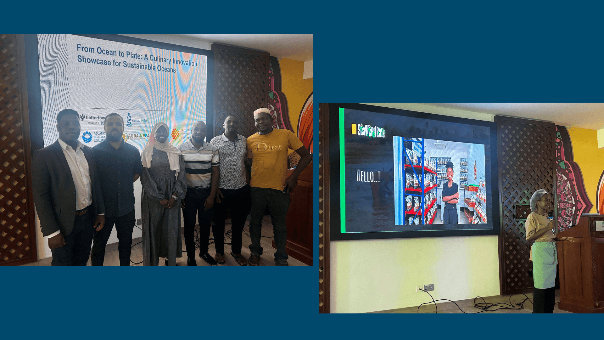 A side-by-side composite image from the culinary showcase event. The left side shows a group of six participants standing in front of a large projection screen displaying the event title, "From Ocean to Plate: A Culinary Innovation Showcase for Sustainable Oceans". The right side features a presenter speaking at a podium next to a screen displaying a presentation slide titled "Seaweed Cafe" showing a woman in a retail space.
