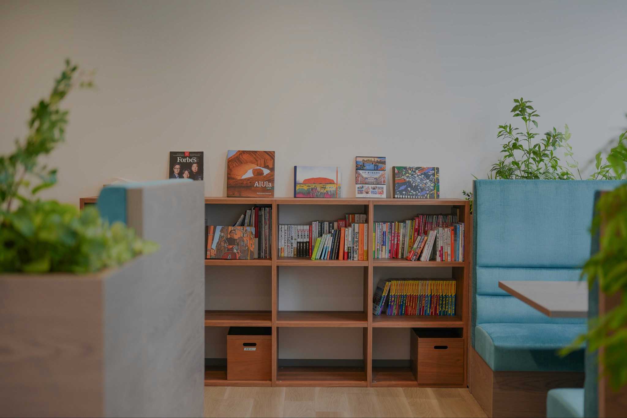 NEWT Premium Lounge travel bookshelf corner