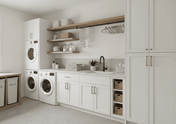 Sleek modern laundry room featuring white cabinetry, organized storage bins labeled 'DELICATES', washer and dryer, stylish shelving, and minimalist design for efficient laundry management.