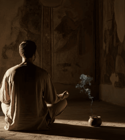 solitary figure in historic interior, soft light, contemplative mood Rome