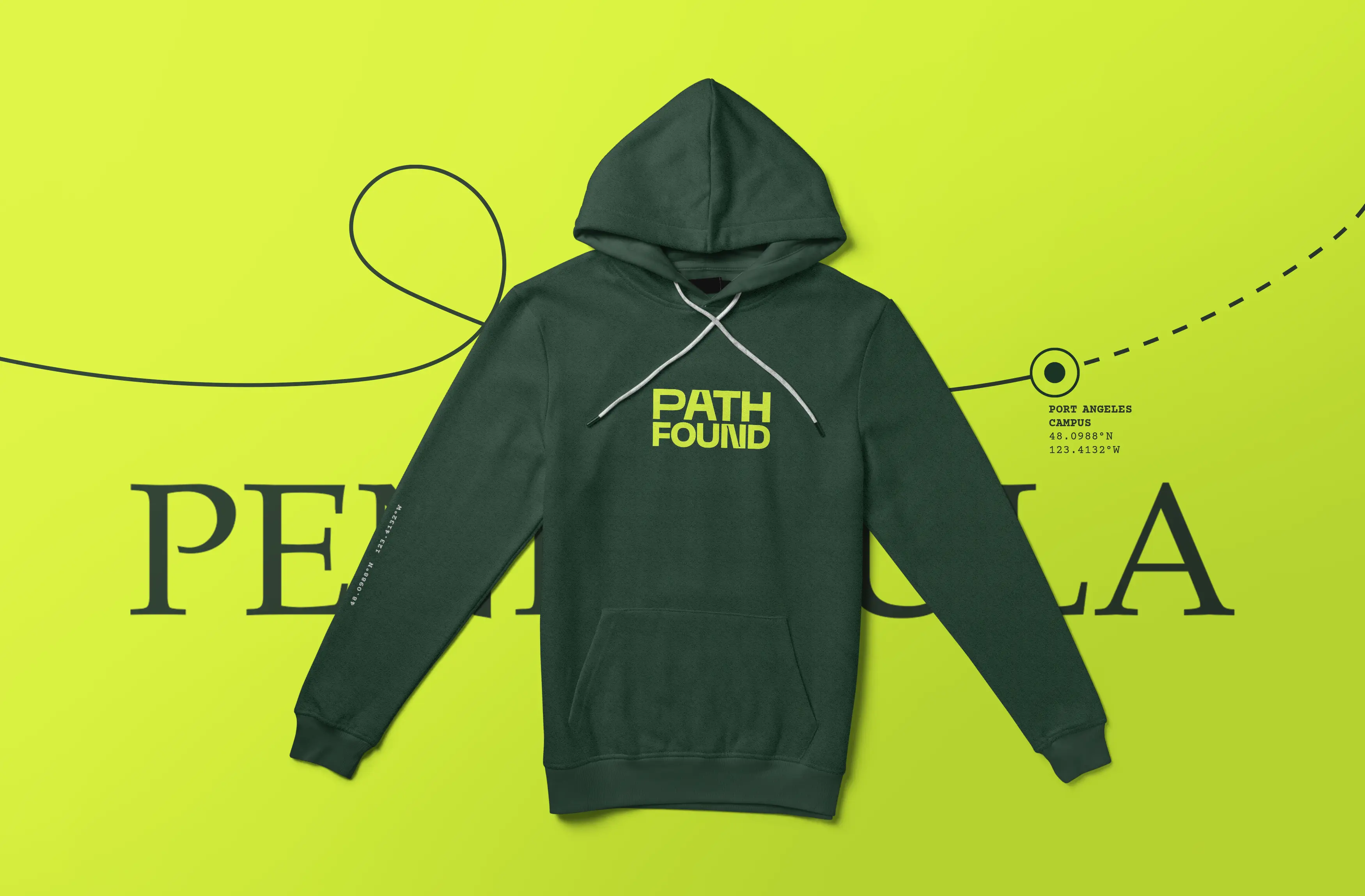 Dark green hoodie with a lime arch “PC” monogram, laid on a lime background with “PENINSULA” in large serif type behind it and a thin dashed path trailing from the hem.