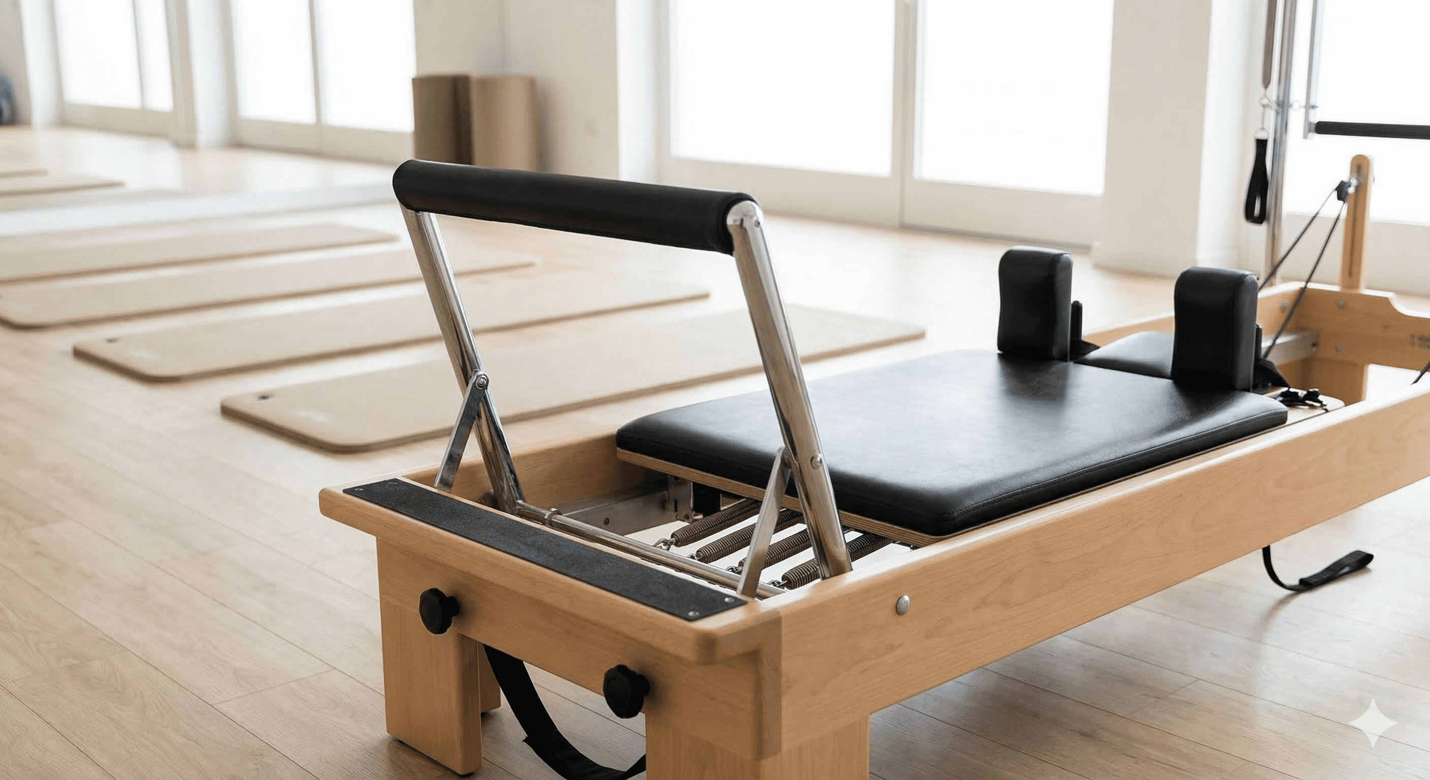 Sala luminosa di Studio Pilates Pavia con in primo piano un macchinario Reformer e sullo sfondo i tappetini per il Matwork.