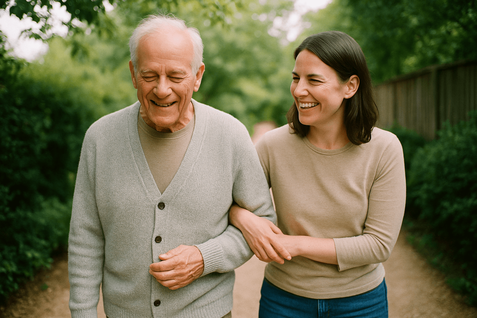An older man and his adult daughter walk arm in arm along a leafy garden path in soft morning light, sharing a laugh.