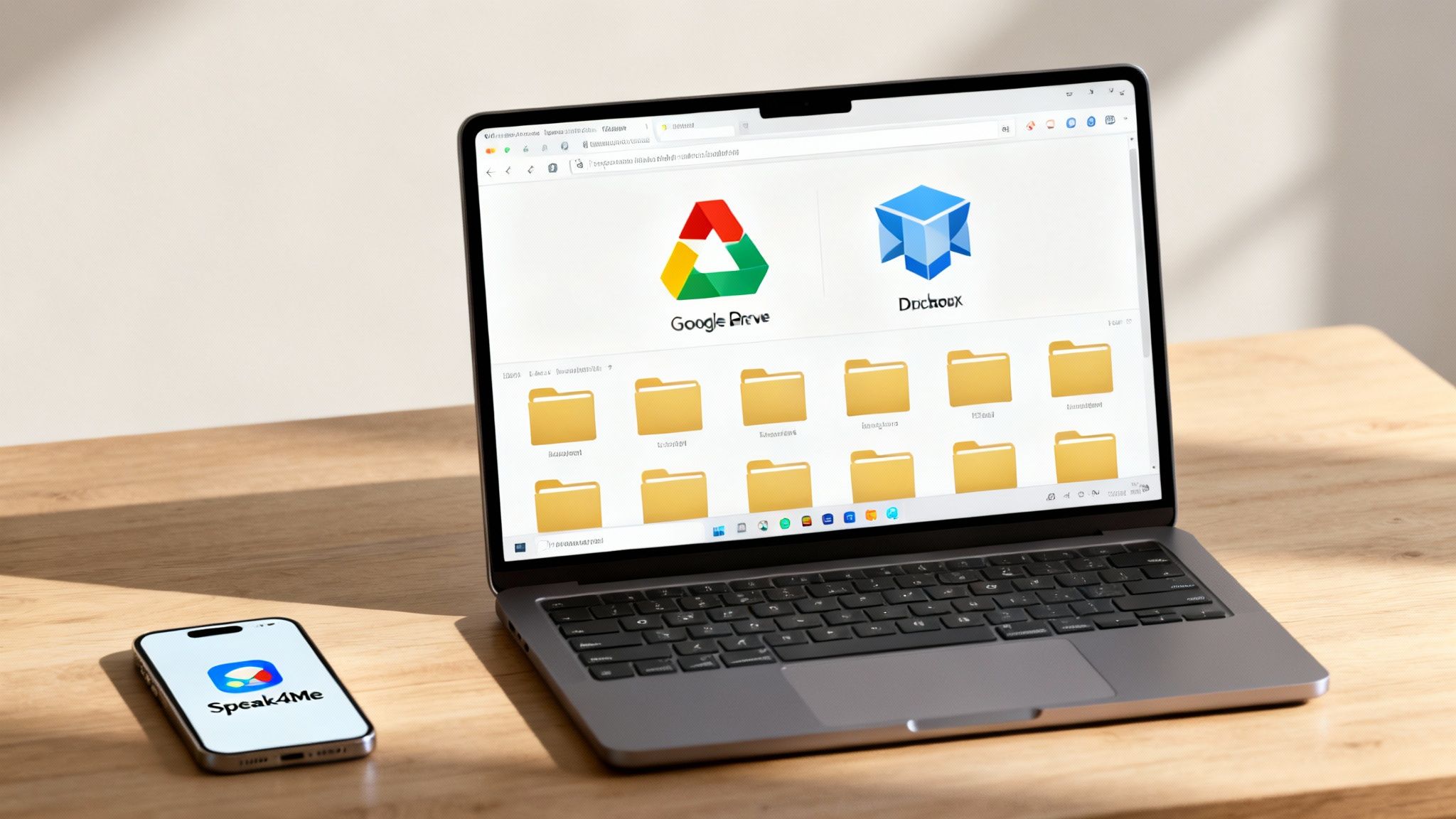 Speak4Me – A variety of application icons like Google Drive, Dropbox, and Speak4Me arranged on a screen, symbolizing different tools for digital organization.
