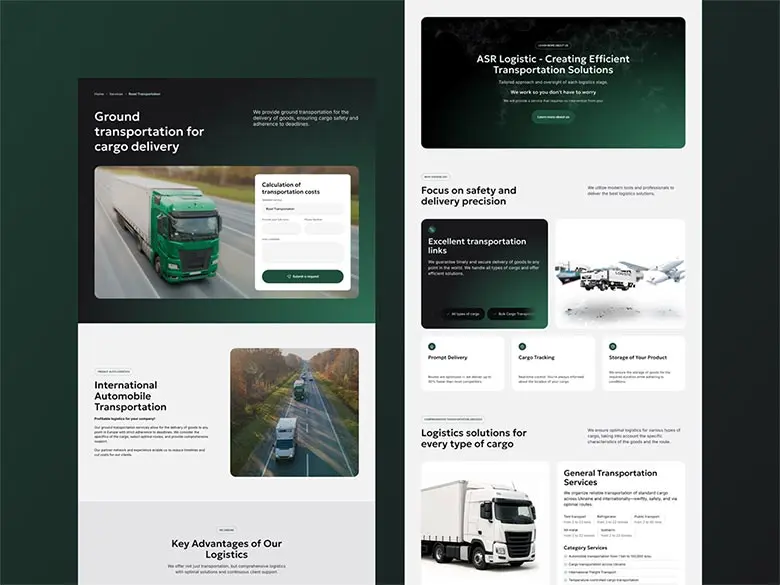 ASR Logistic website UI preview, logistics platform with shipping services and transportation sections