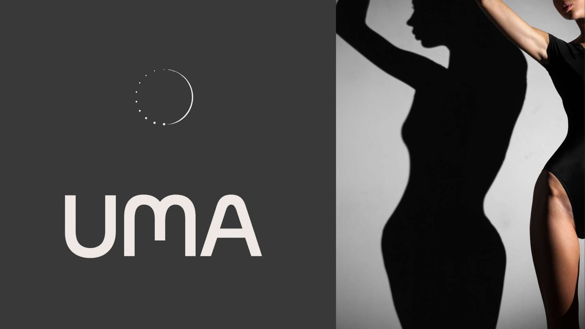 UMA women’s health brand identity banner featuring a minimalist logo and editorial black-and-white silhouette photography.