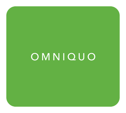 A bright green rectangular card displays the text "OMNIQUO" in bold, white uppercase letters, centered against the vivid background.