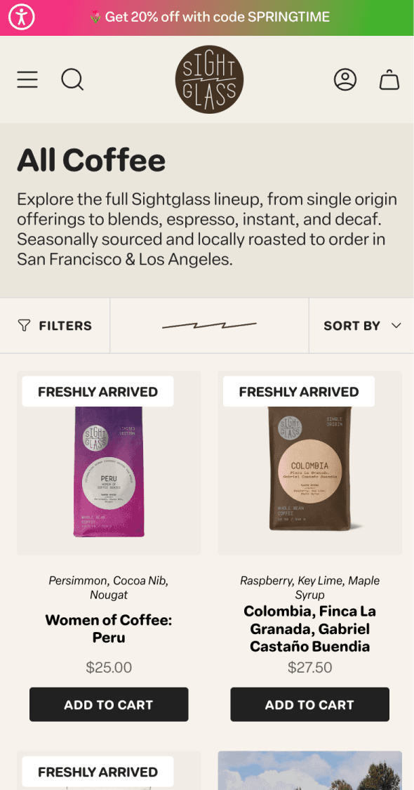 Mobile Shopify collection page for Sightglass Coffee displaying multiple coffee products