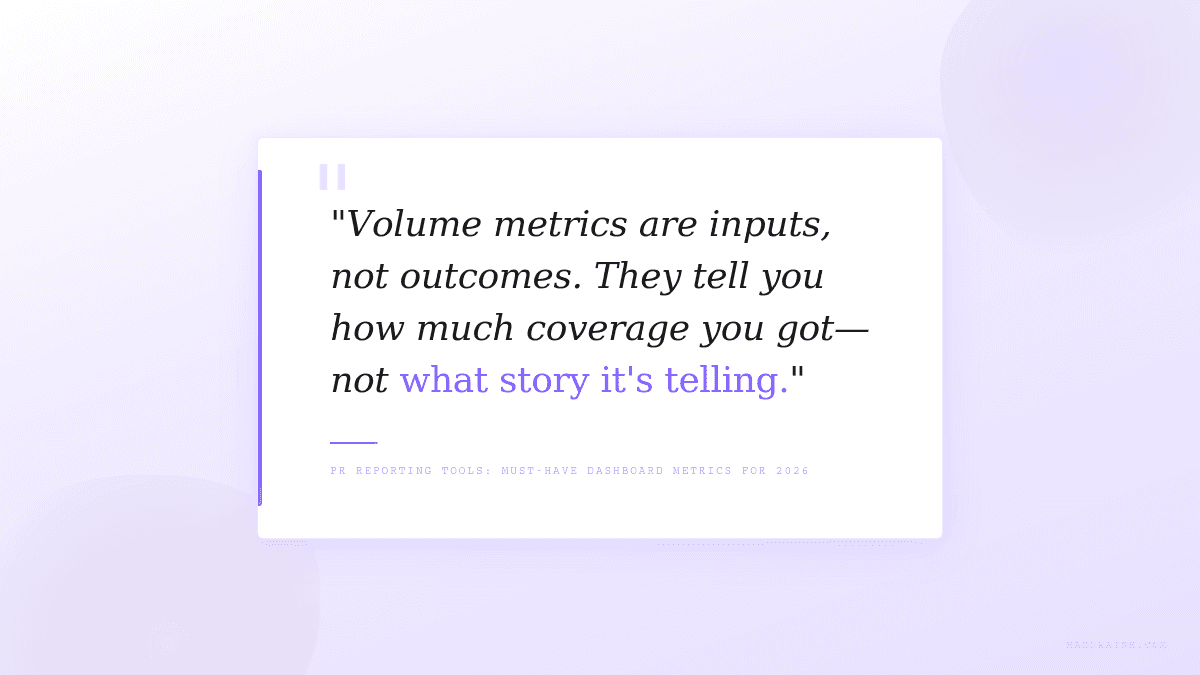 Pull quote: Volume metrics are inputs not outcomes — they tell you how much coverage you got, not what story it's telling