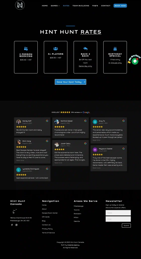 Rates Page For Hint Hunt website developed & designed by Dreams Agency Mississauga, Ontario
