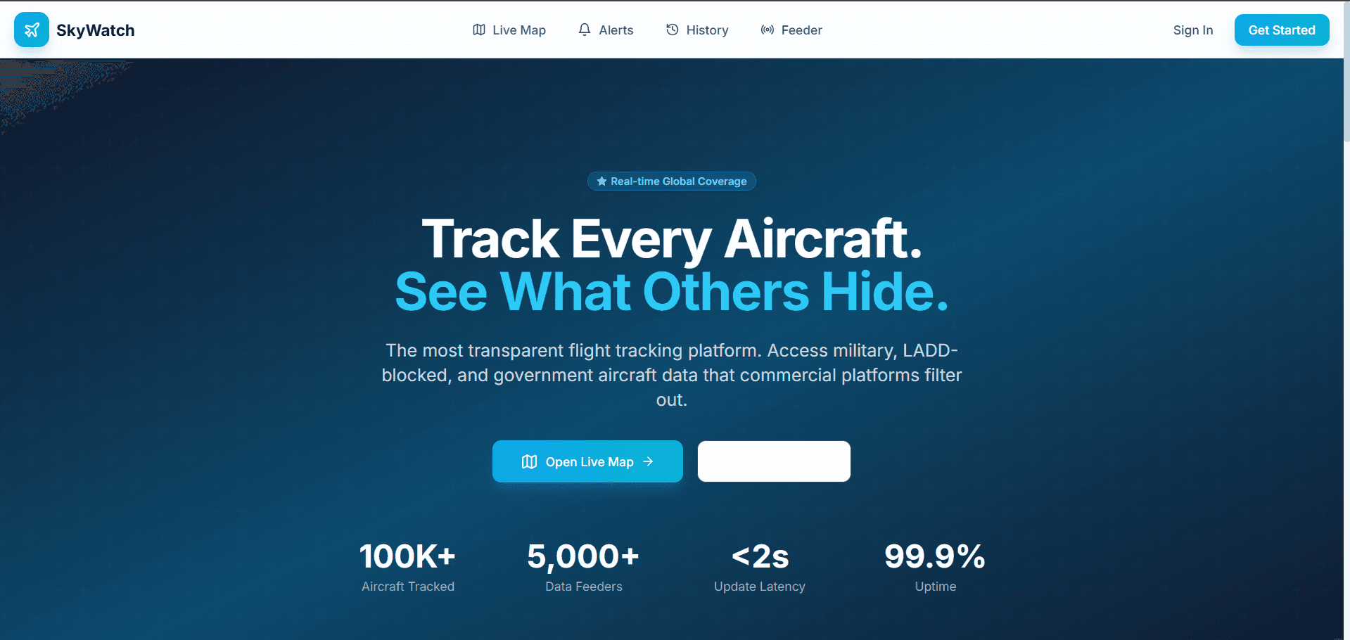 SkyWatch flight tracking homepage with headline and live map button