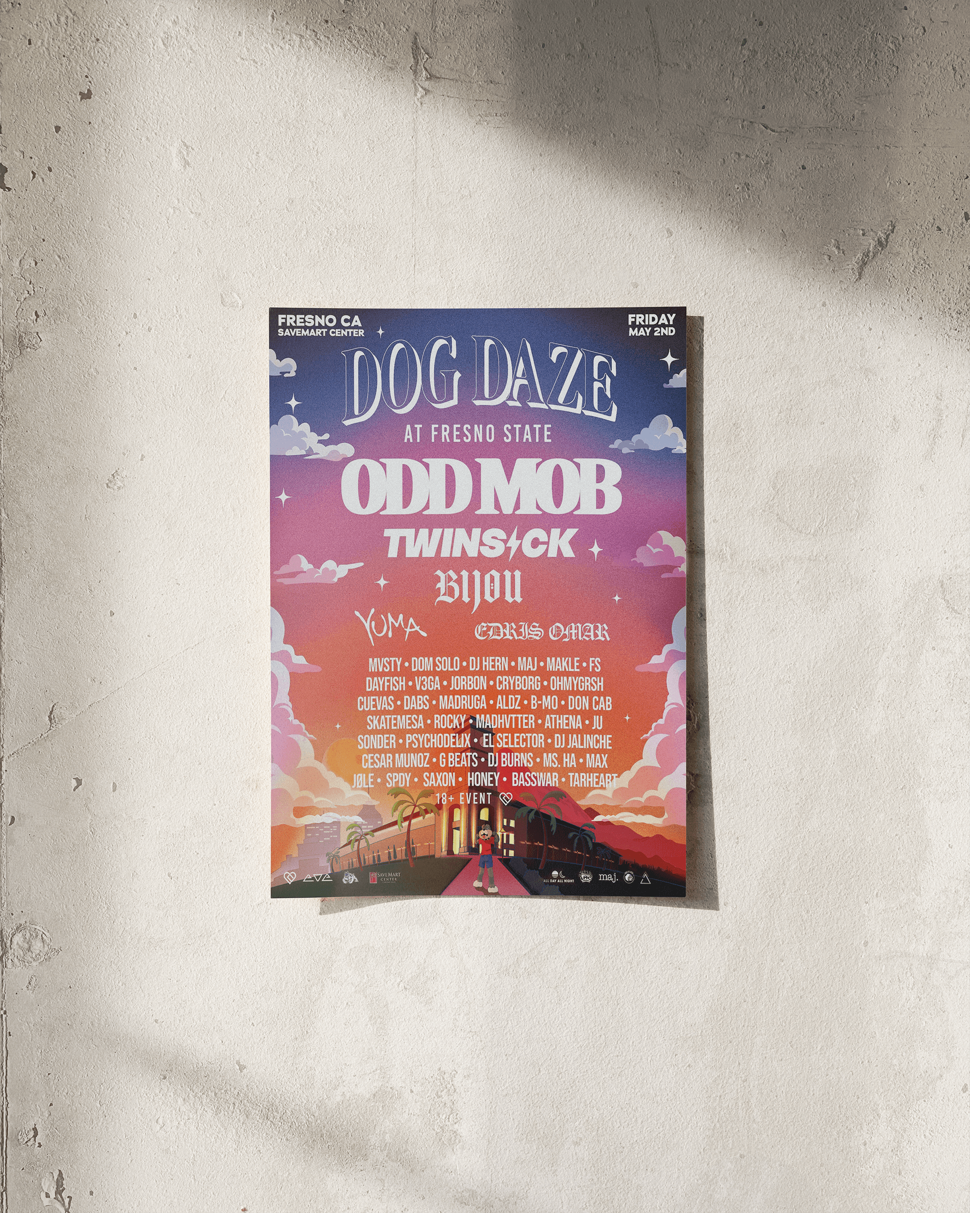 Illustration and poster design for the inaugural Dog Daze music festival at Fresno State.