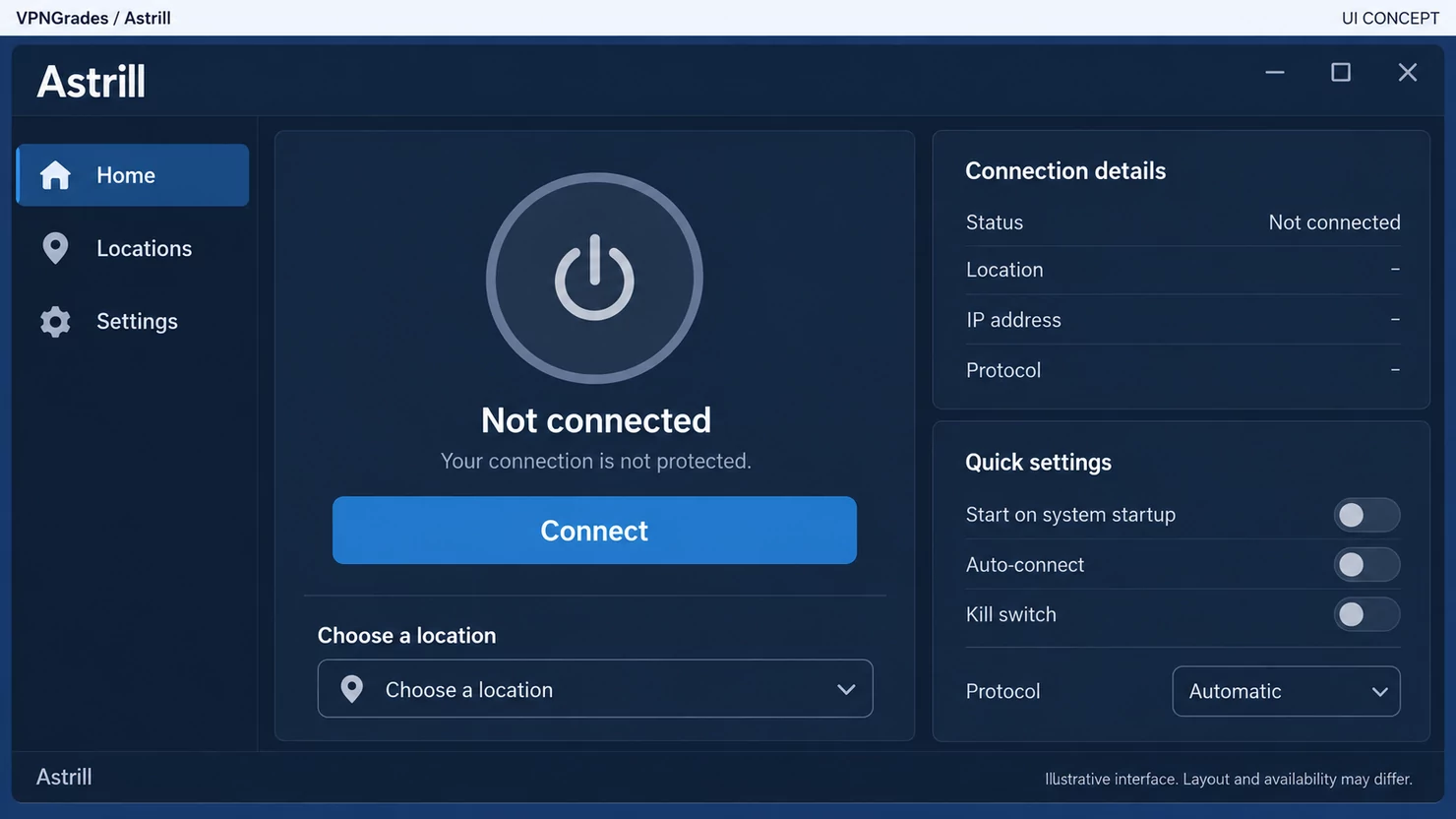 Astrill: a desktop connection interface (illustration).