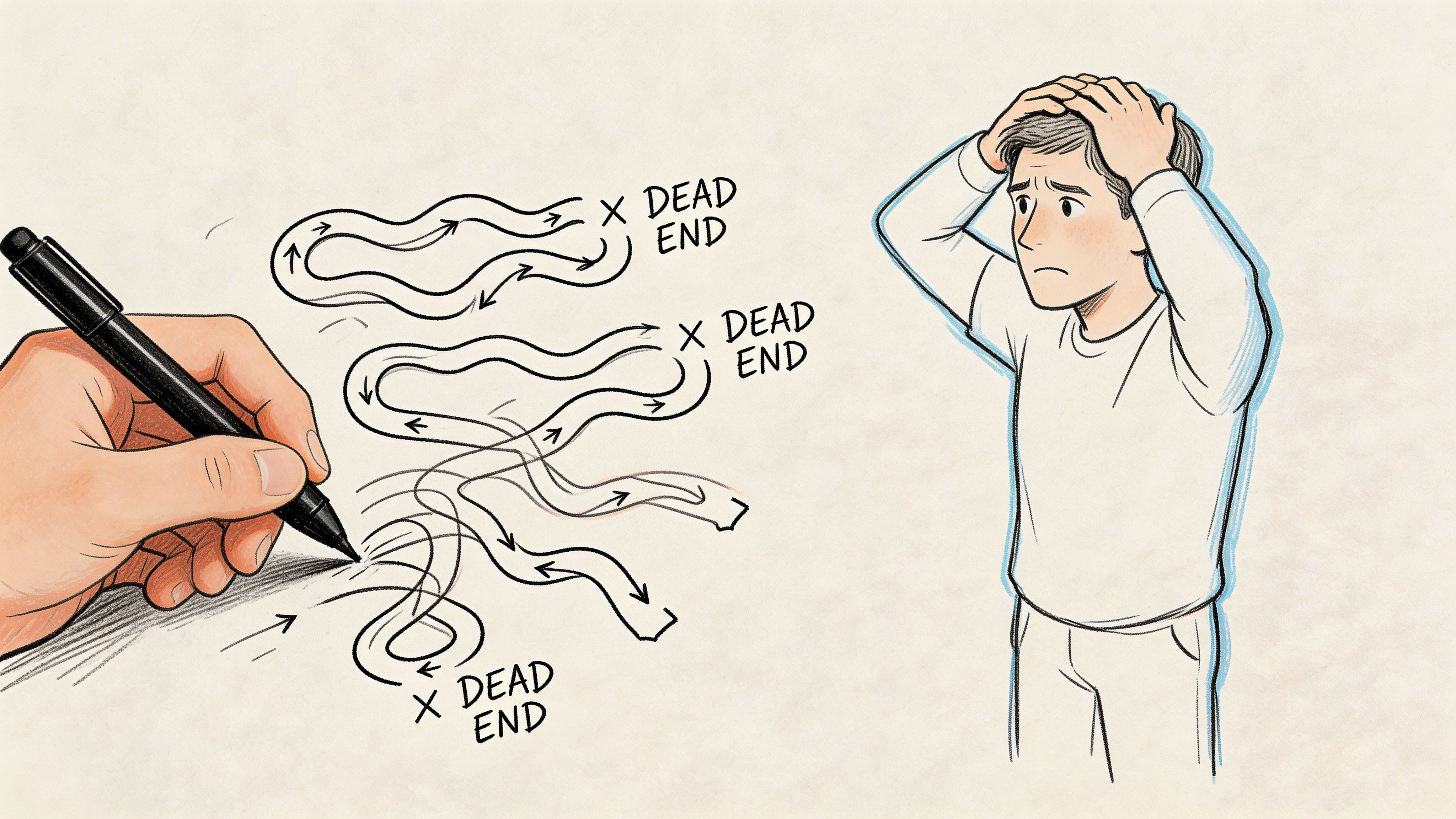 A conceptual illustration of a frustrated man looking at a complex maze with multiple dead ends.