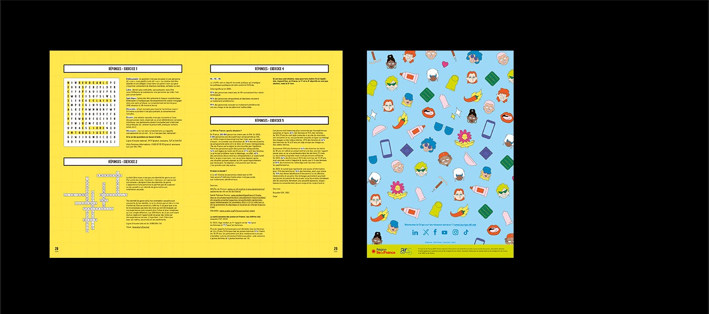 Mise en page graphic design edition Cahiers Engagés Crips Île-de-France jeux santé sexuelle et discriminations de genre