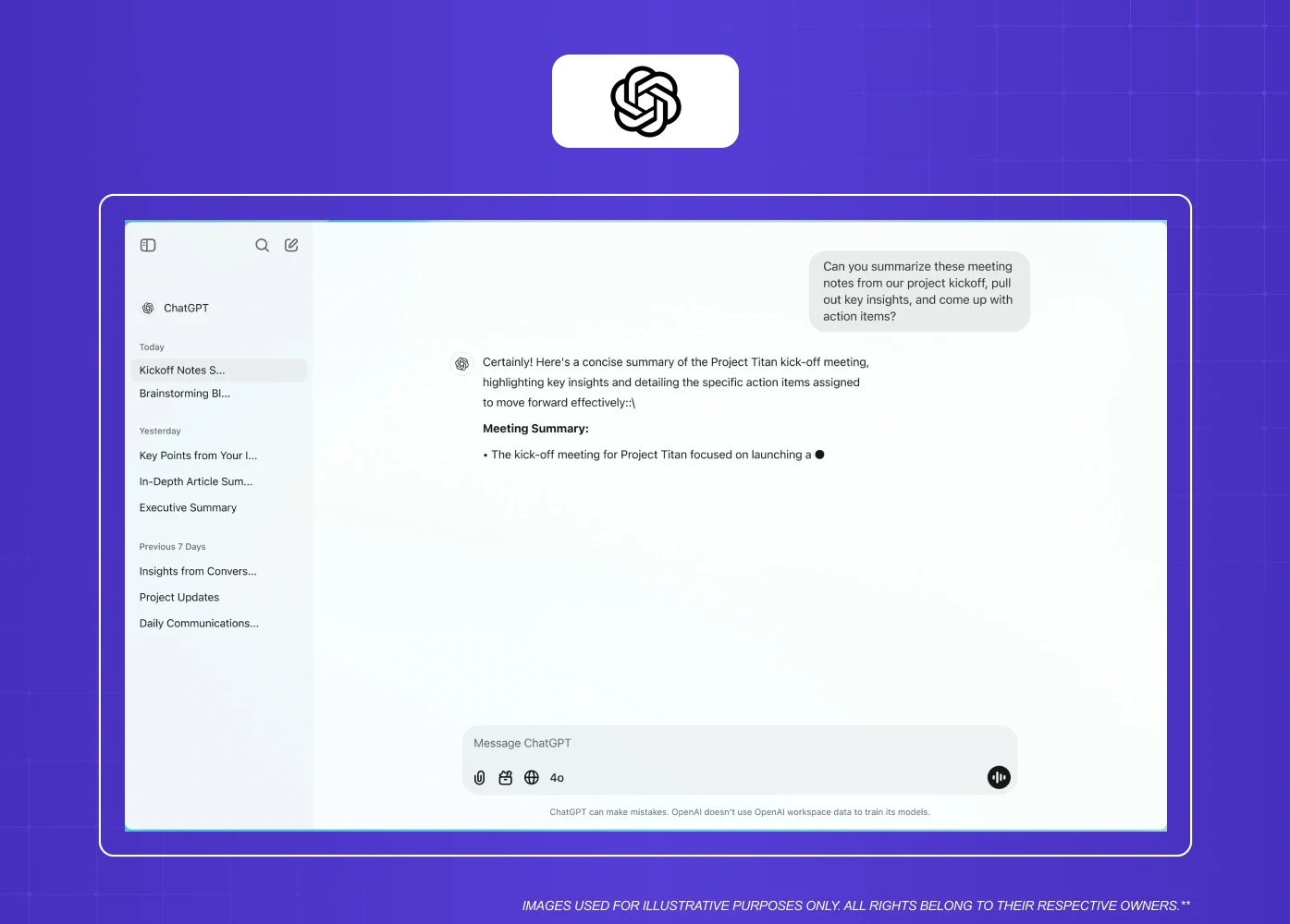 AI assistant interface displaying conversation history and a meeting summary generation workflow. 