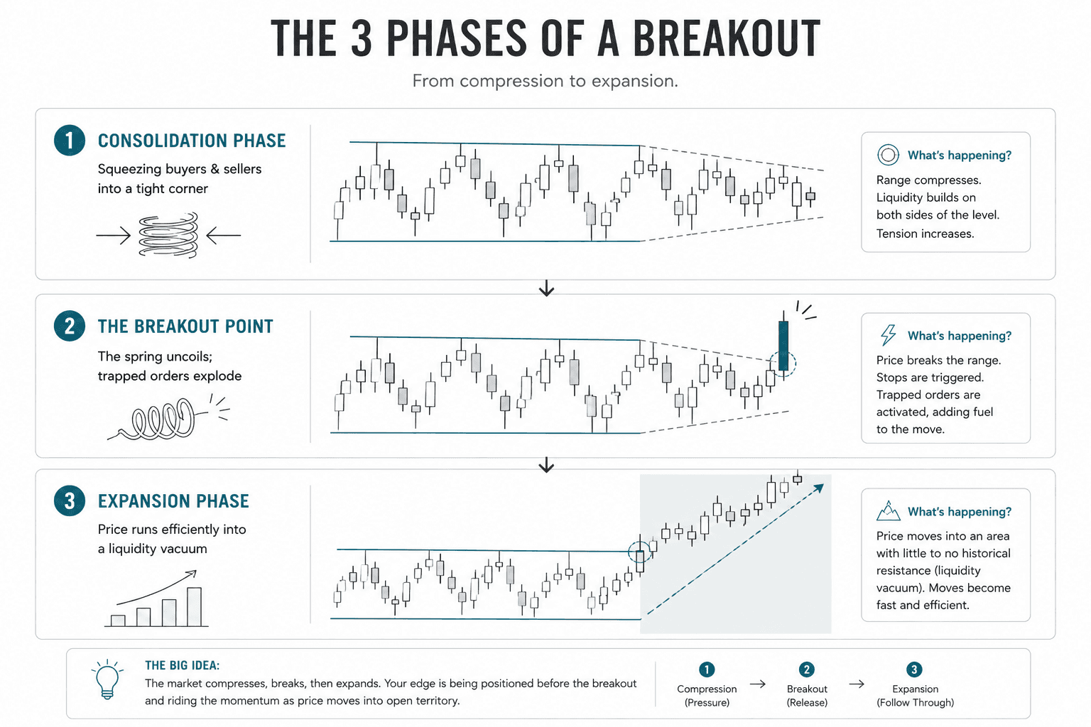 Infographic showing the three stages of a trading breakout: consolidation as buyers and sellers compress into a narrowing range, the breakout point where price breaks through support or resistance and trapped orders are triggered, and the expansion phase where price moves rapidly into an area with little opposing liquidity.