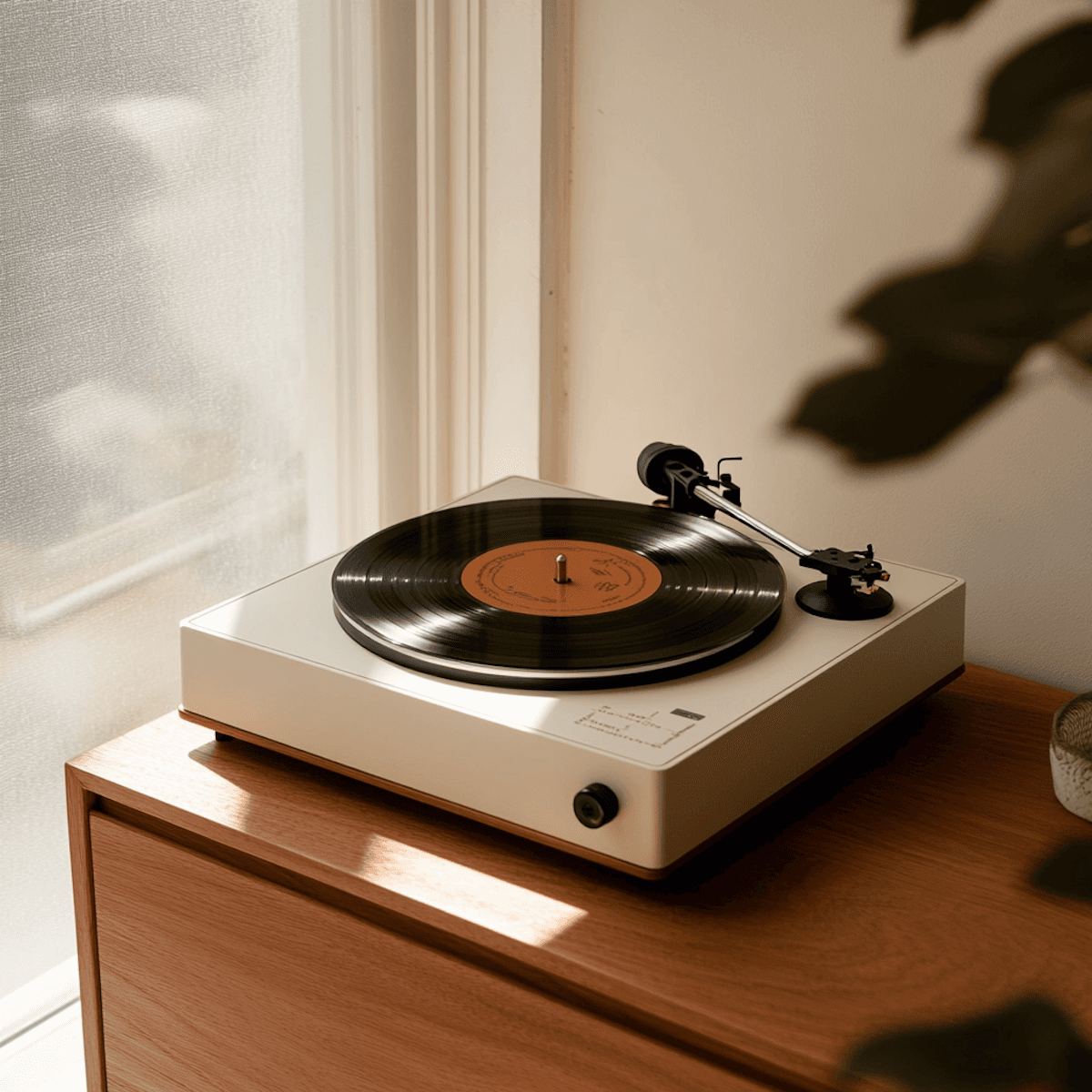 Minimalist white turntable on wooden furniture in soft window light.