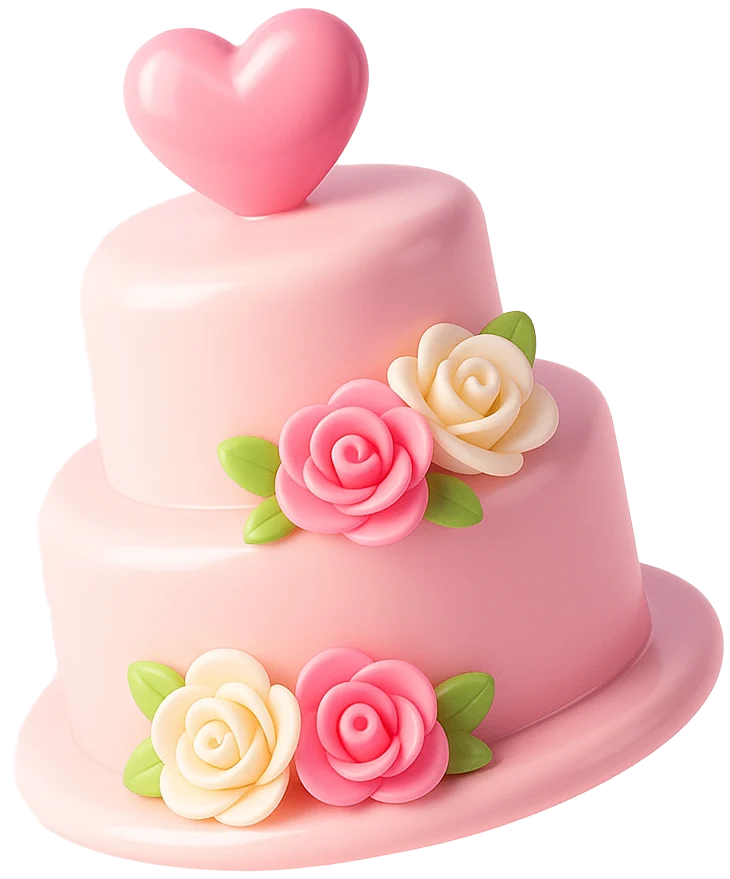 A two-tiered pink cake decorated with a heart on top and pink and white roses on the sides.
