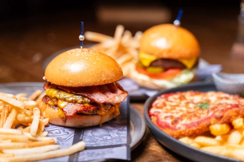 Burger and fries on a plate