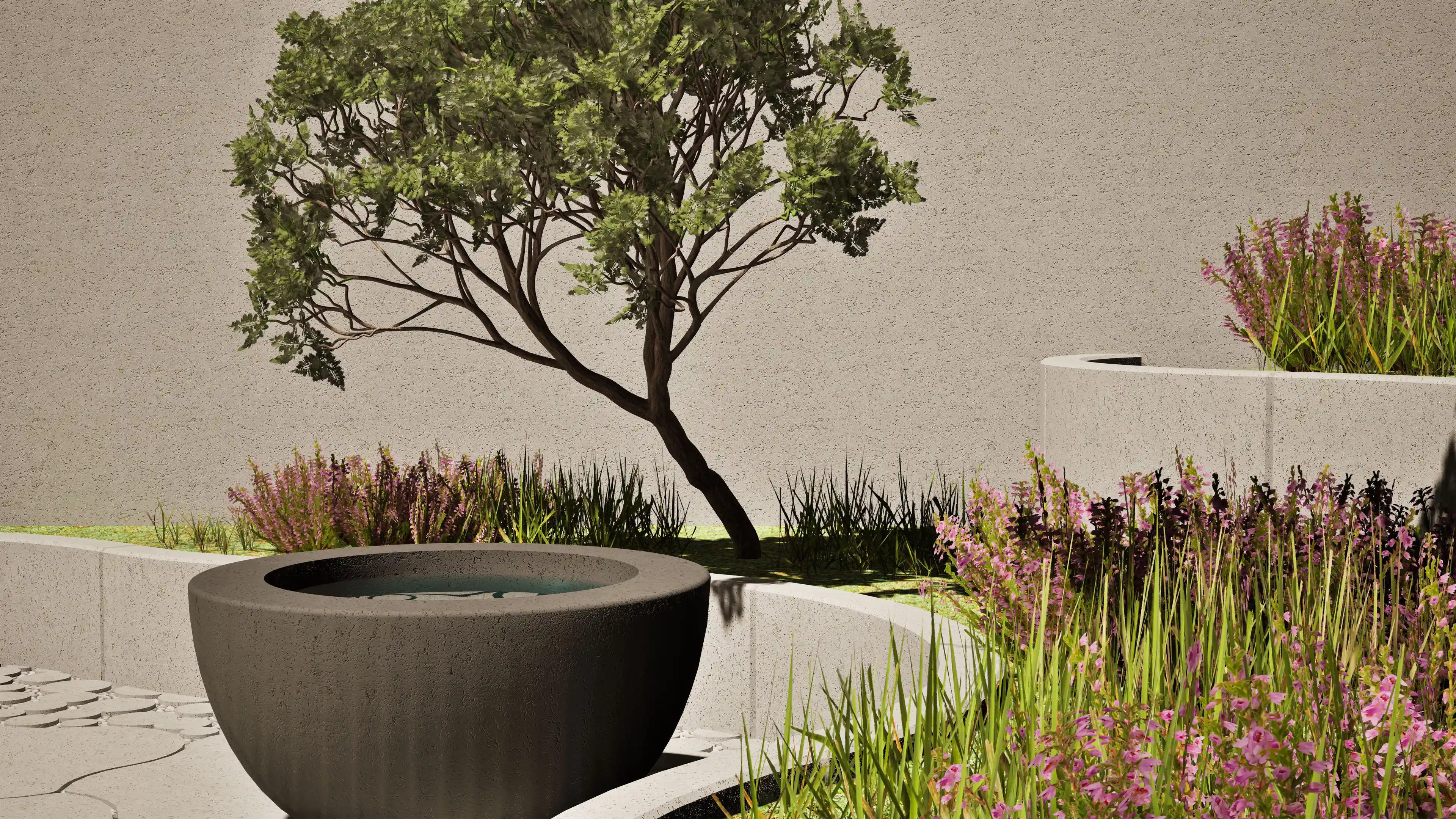 detailbeeld van de beursstand met een maple tree en detail op het water bassin