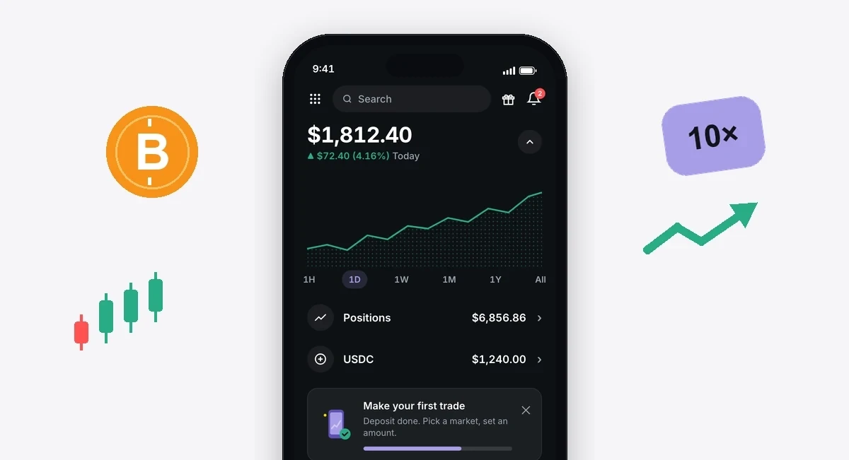 Margin Trade simple mode playing on a large iPhone, with a Bitcoin coin, candlesticks, a 10× leverage tile and a rising arrow around it