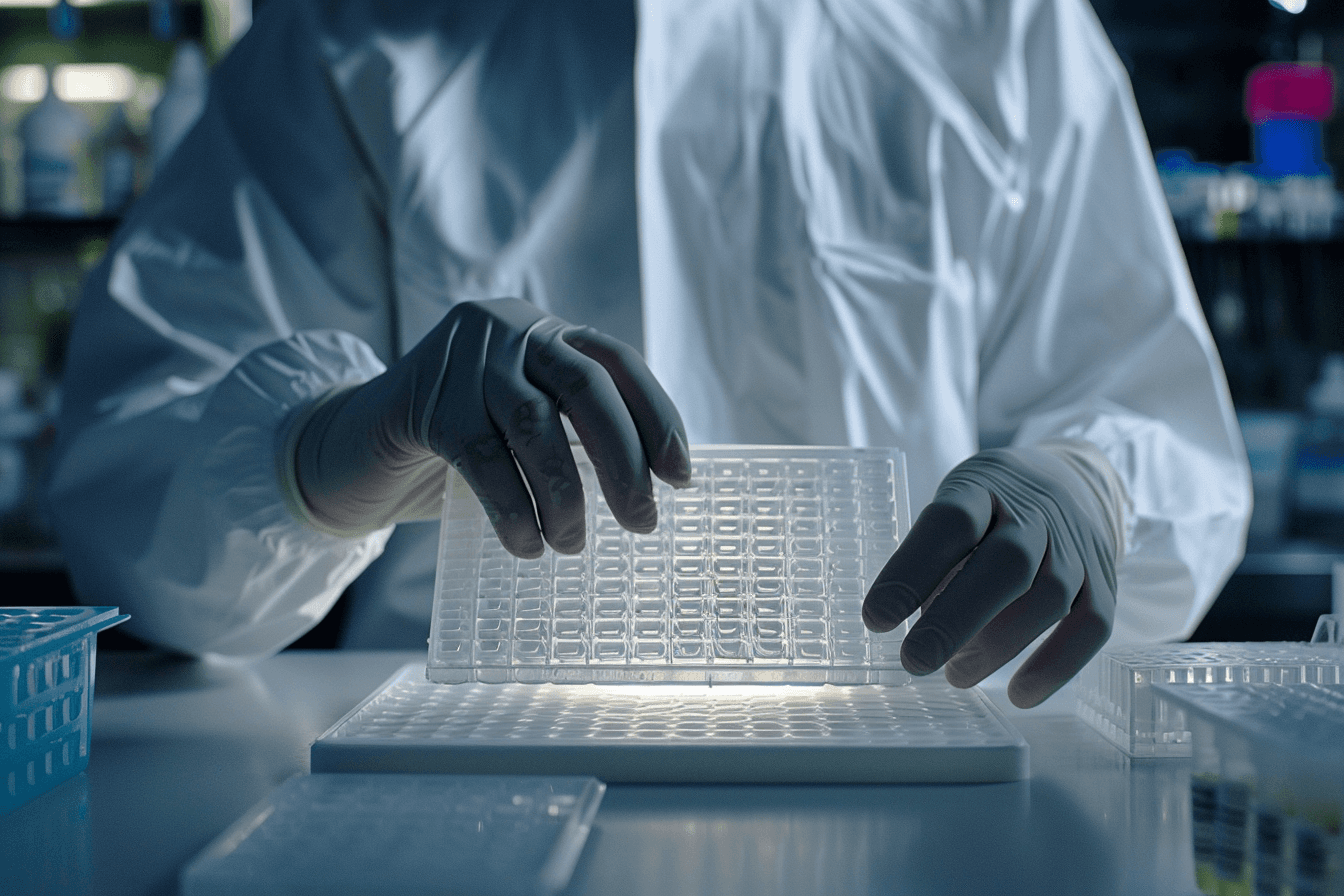 Close-up of a scientist holding a tray of petri dishes with purple cultures, wearing gloves and safety gear.
