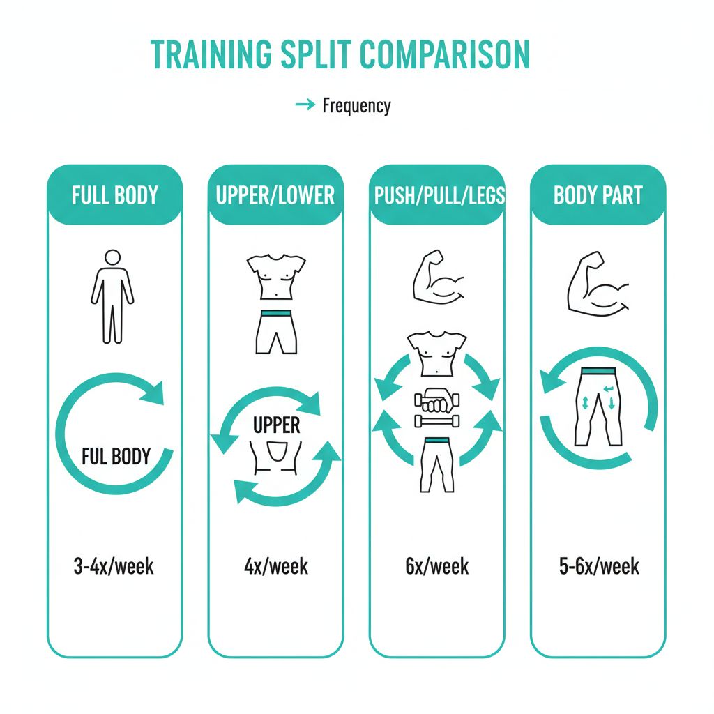 Visual comparison of four main workout split types and training frequency