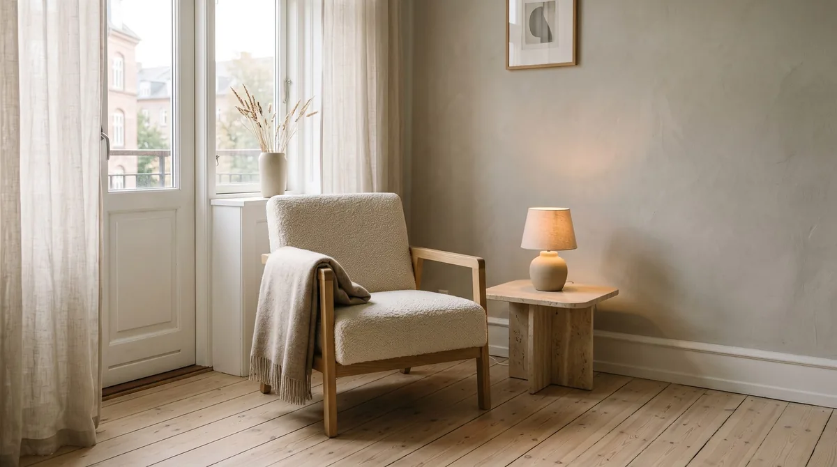 A bouclé armchair beside a side table and a lit lamp by a window.