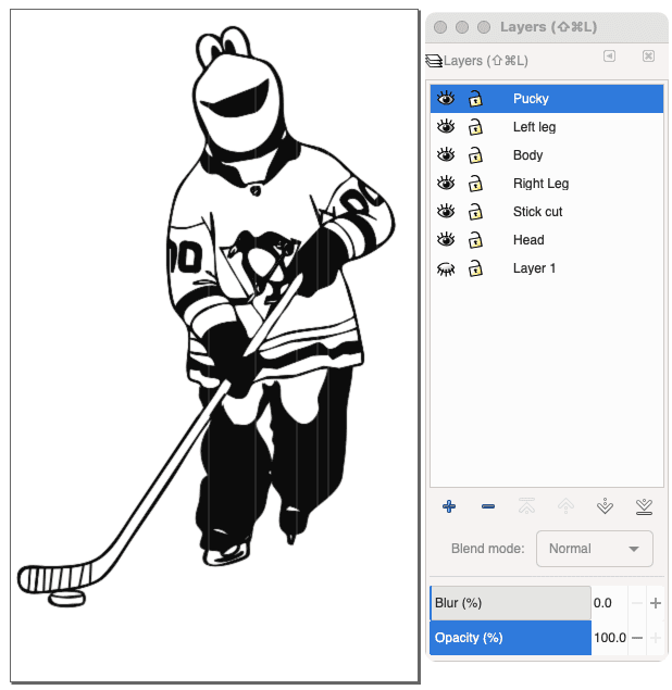 A screenshot of the Inkscape interface shows a black-and-white vector drawing of a hockey-playing penguin mascot on the left, while the "Layers" panel on the right displays a hierarchy including "Pucky," "Left leg," and "Body".