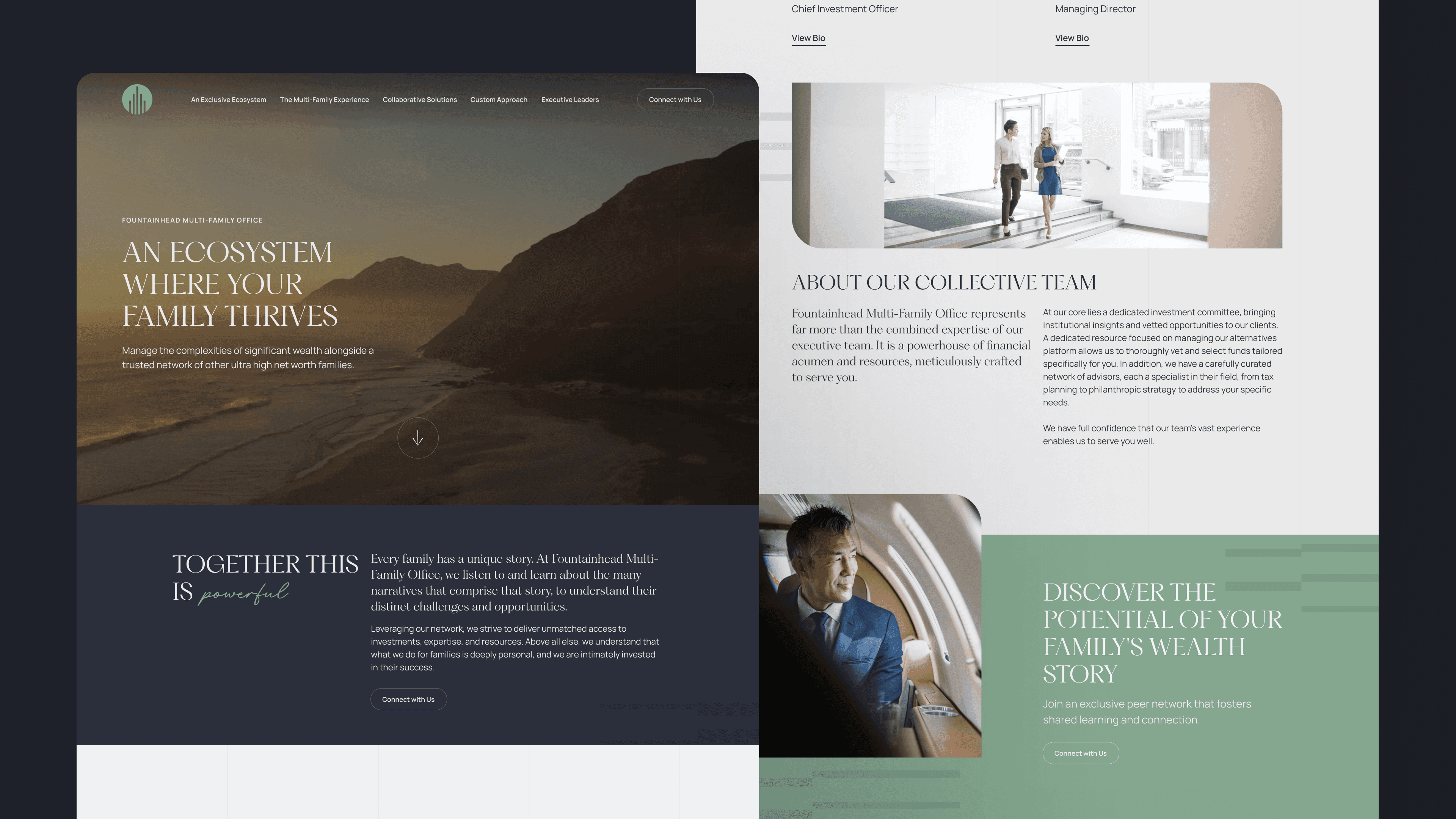 Desktop website layouts featuring Fountainhead MFO pages showing coastal landscape with mountains and sunset sky.